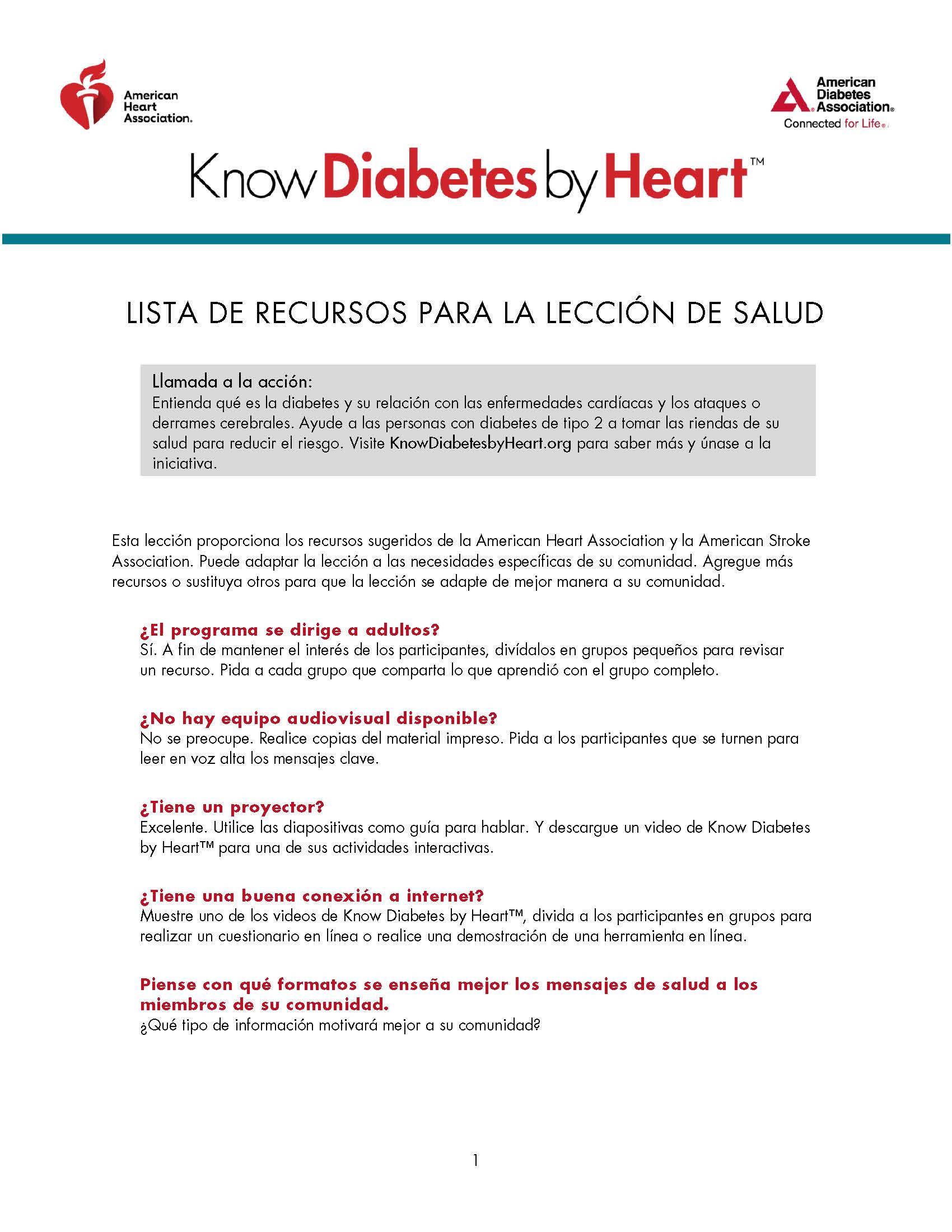 Know Diabetes By Heart Lista De Recursos Para La Lección De Salud preview